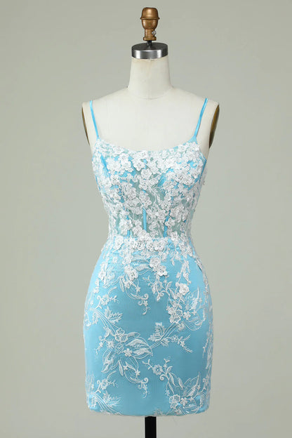 Light Blue Sheath Spaghetti Straps Short Homecoming Dress