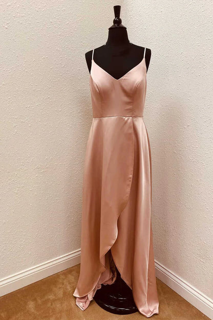 Satin Spaghetti Straps Backless Ruffled Bridesmaid Dress