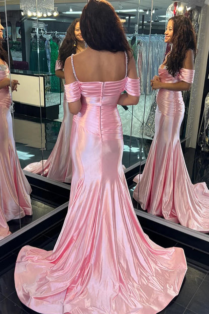 Cold-Shoulder Ruching Mermaid Long Formal Dress with Rhinestones