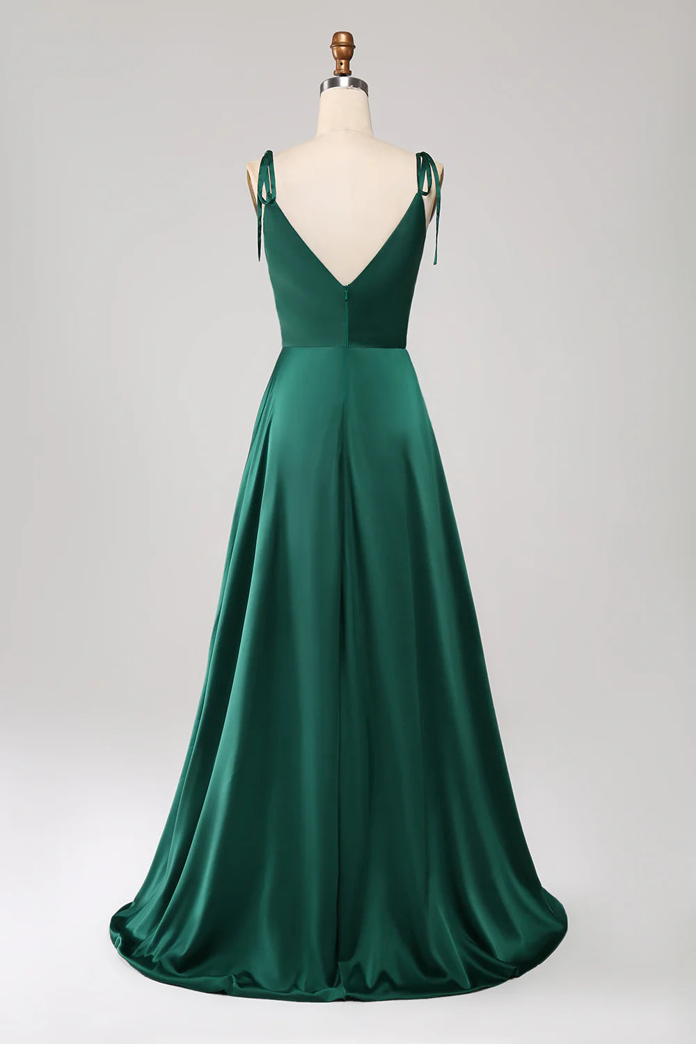 A-Line Spaghetti Straps Pleated Satin Long Dark Green Maxi Dress