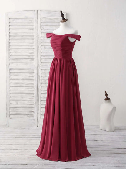 Chiffon Off Shoulder Long Prom Dress Burgundy Bridesmaid Dress