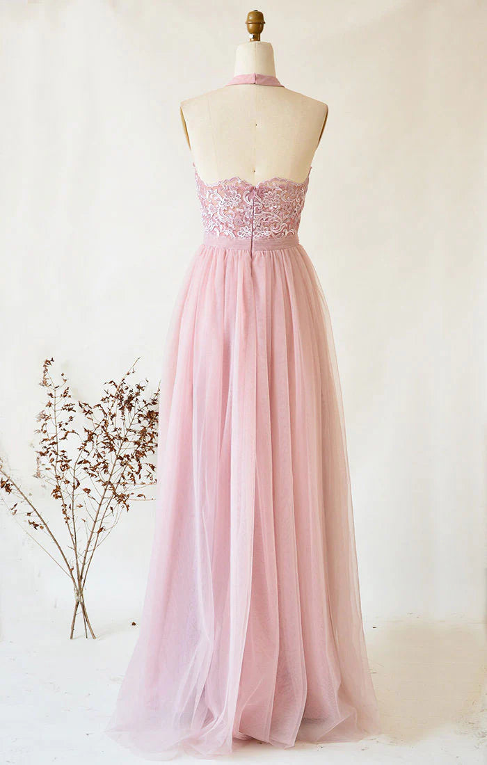 Pink tulle lace long prom dress pink tulle lace prom dress