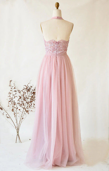 Pink tulle lace long prom dress pink tulle lace prom dress