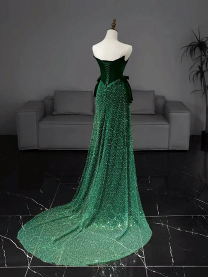 Mermaid Tulle Velvet Green Long Evening Dress Green Long Formal Dress