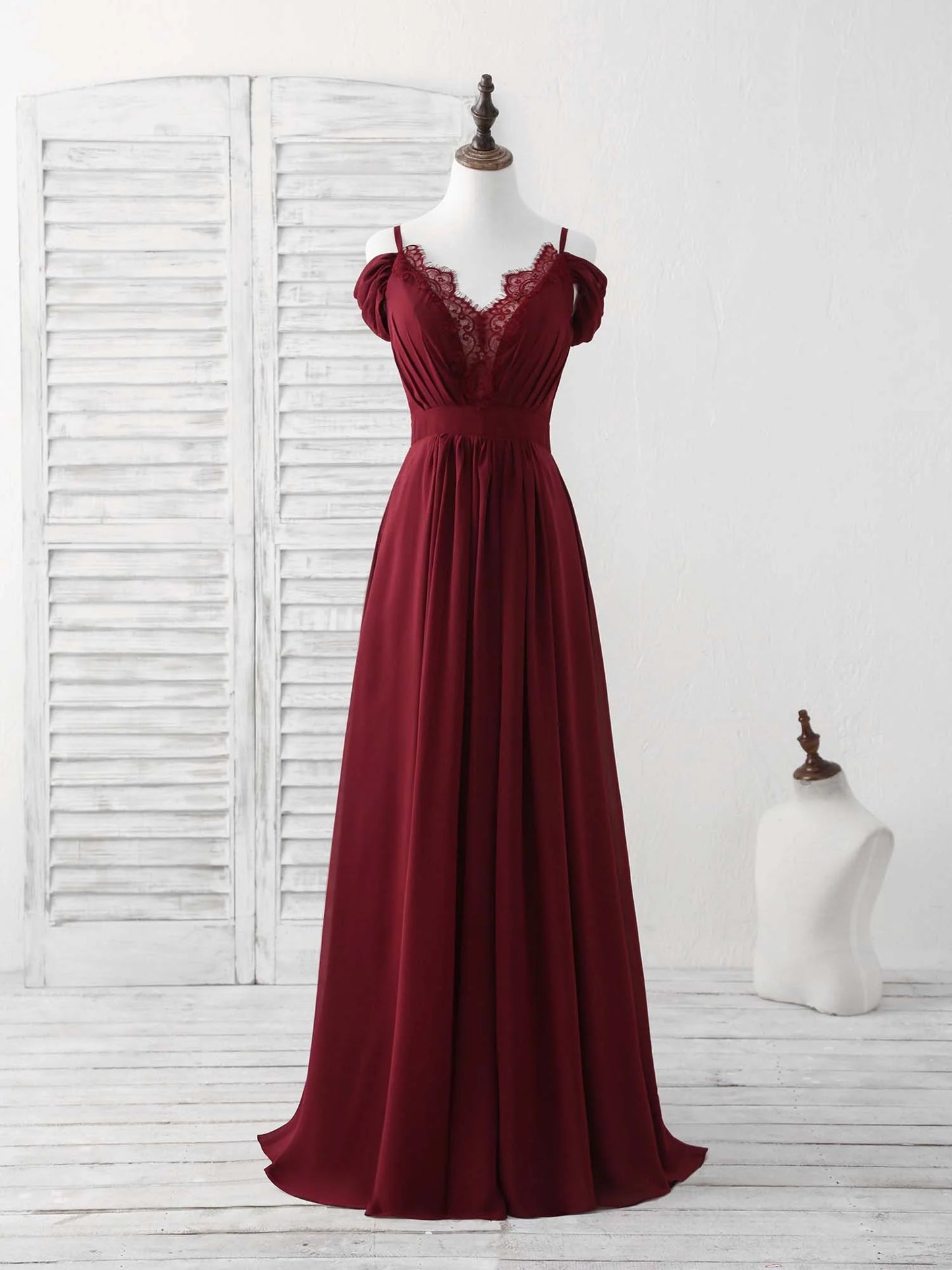 Lace Chiffon Long Prom Dress Burgundy Bridesmaid Dress
