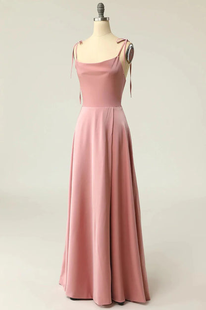 Satin Square Neck Tying Straps Long Bridesmaid Dress