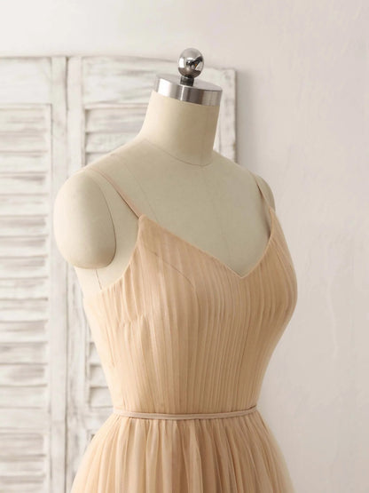 V Neck Tulle Chiffon Long Prom Dress Champagne Bridesmaid Dress