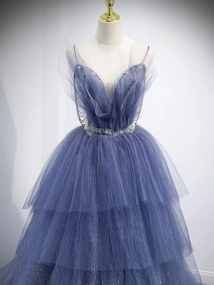 Blue v neck tulle sequin long prom dress  blue prom dress