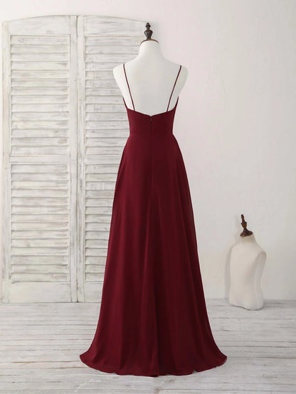 Burgundy V Neck Chiffon Long Prom Dress Bridesmaid Dress