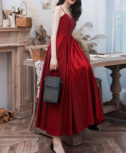 A-Line Satin Burgundy Prom Dress Burgundy Tea Length Evening Dress