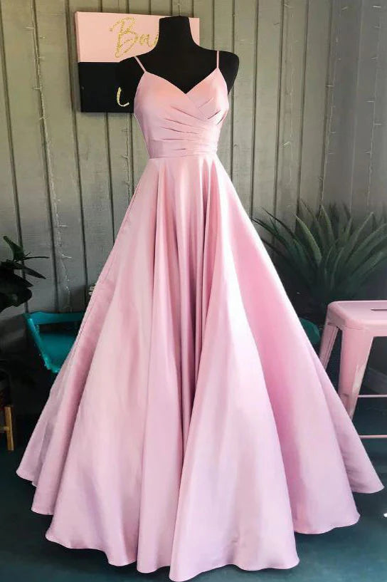 Simple v neck pink satin long prom dress pink formal prom dress