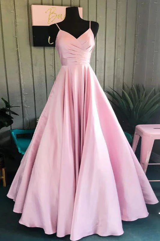Simple v neck pink satin long prom dress pink formal prom dress