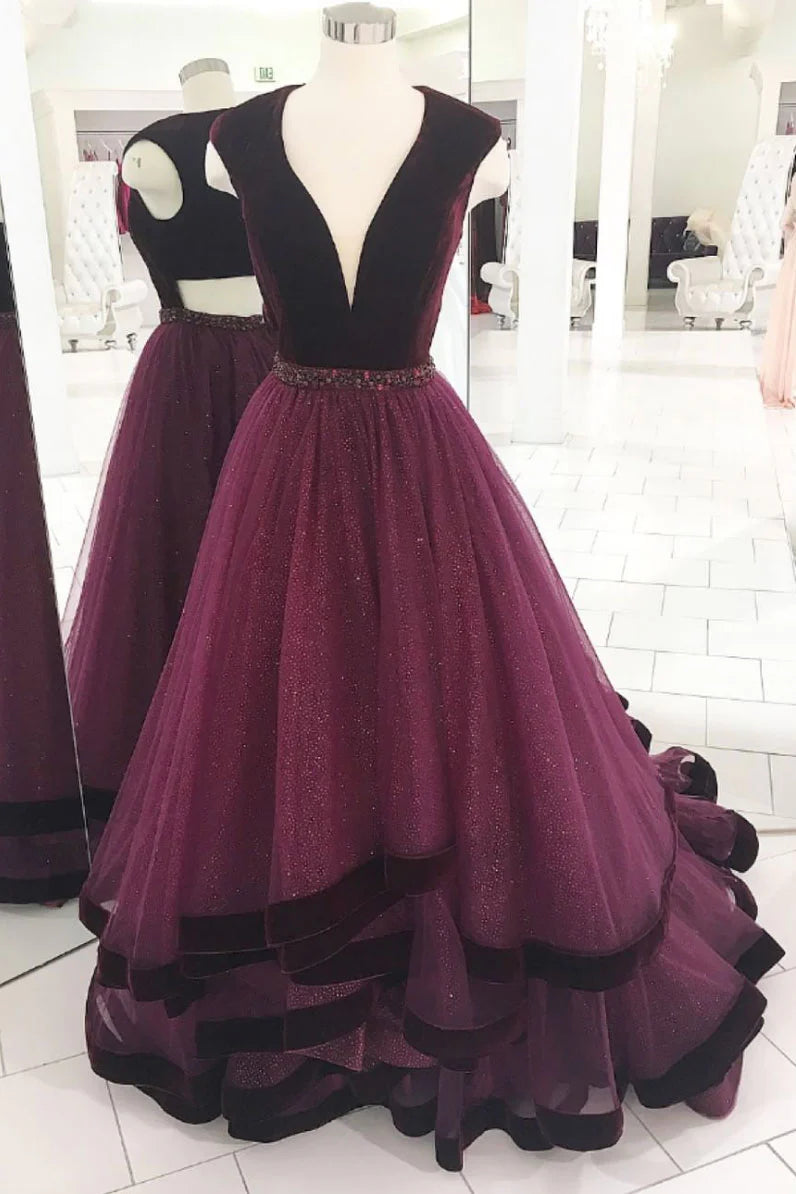 Burgundy v neck tulle long prom dress burgundy prom dress