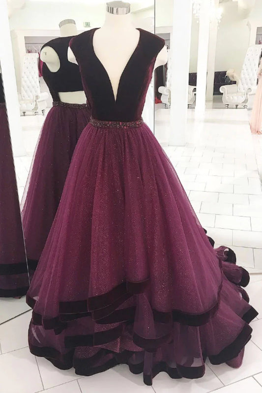 Burgundy v neck tulle long prom dress burgundy prom dress