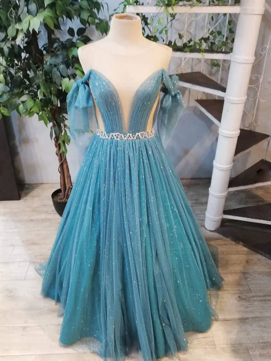 Green round neck tulle sequin long prom dress green prom dress