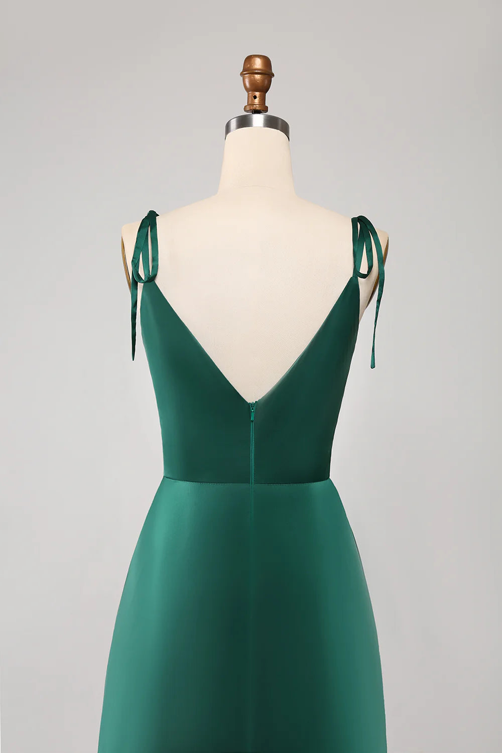 A-Line Spaghetti Straps Pleated Satin Long Dark Green Maxi Dress