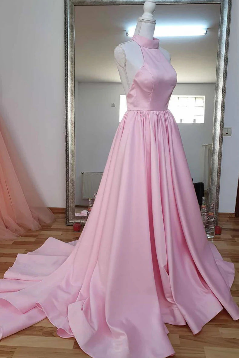 Pink high neck pink satin long prom dress pink prom dress