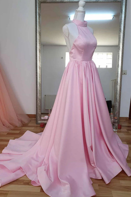 Pink high neck pink satin long prom dress pink prom dress