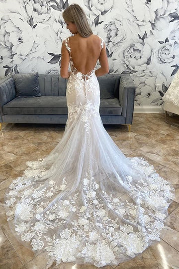Illusion Neck Appliques Trumpet Long Wedding Dress