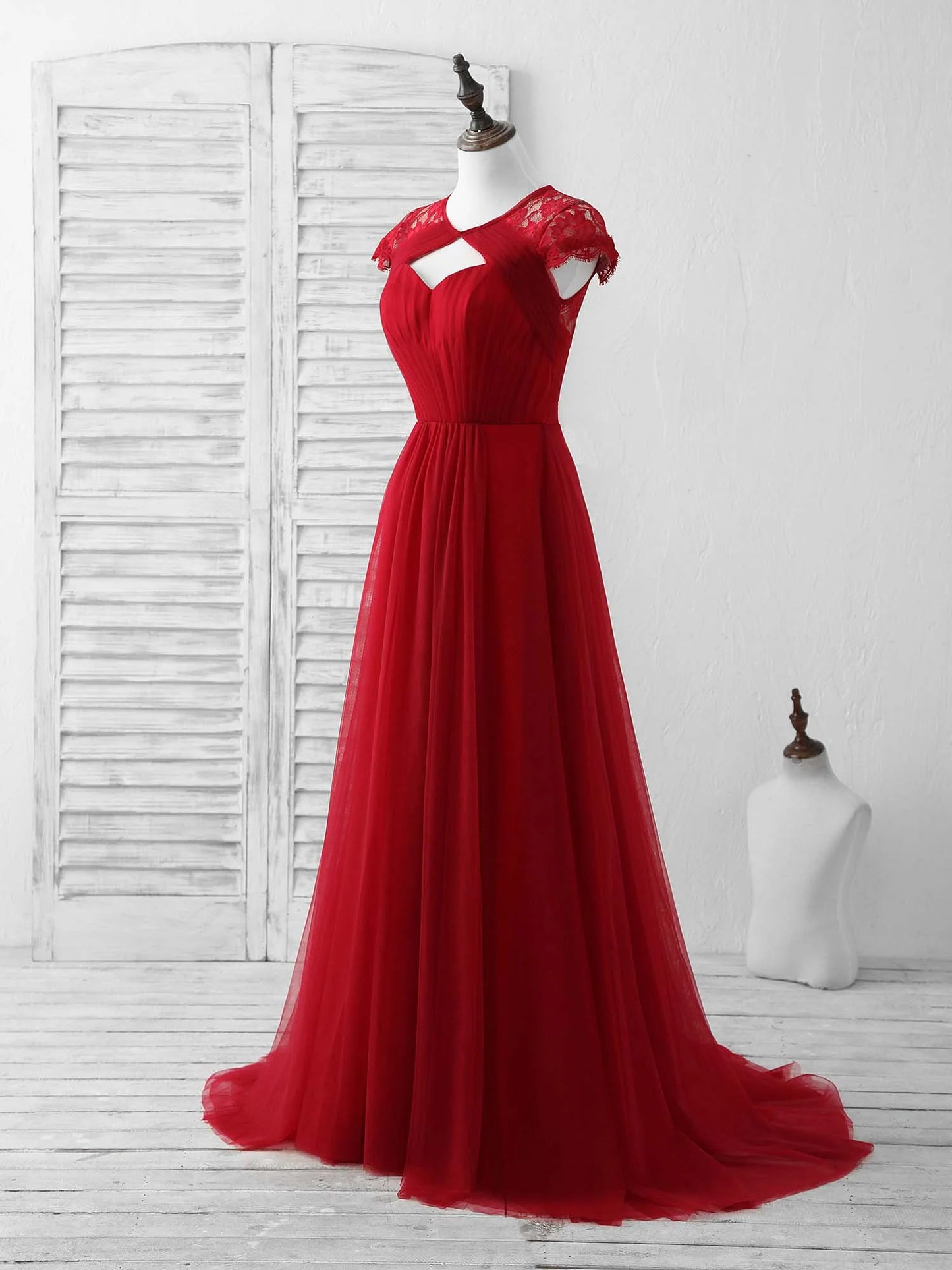 Tulle Lace Long Prom Dress Burgundy Evening Dress