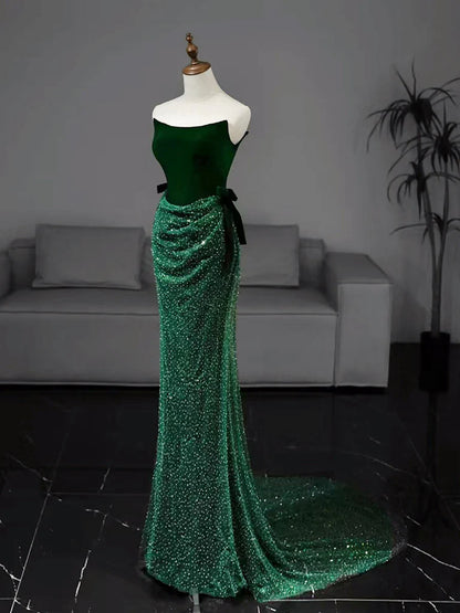 Mermaid Tulle Velvet Green Long Evening Dress Green Long Formal Dress