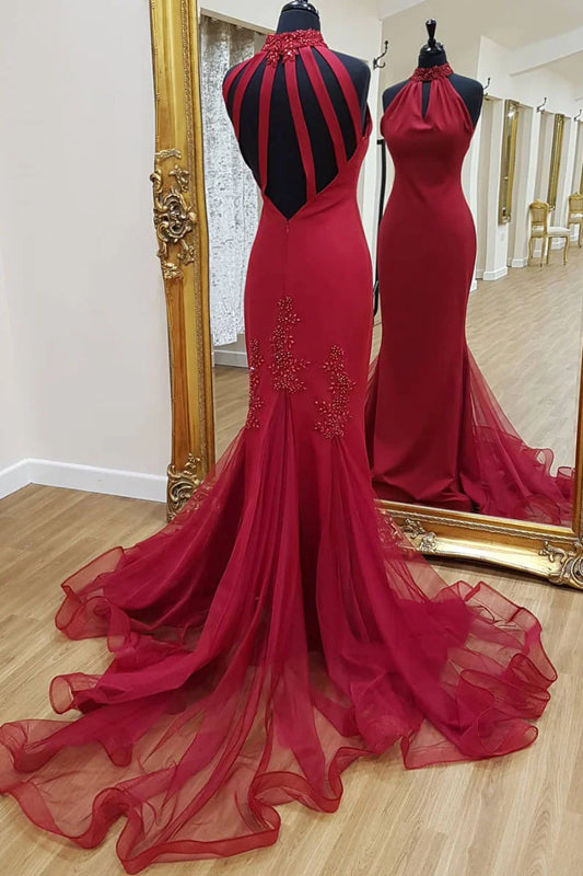 Unique high neck lace mermaid long prom dress prom dress