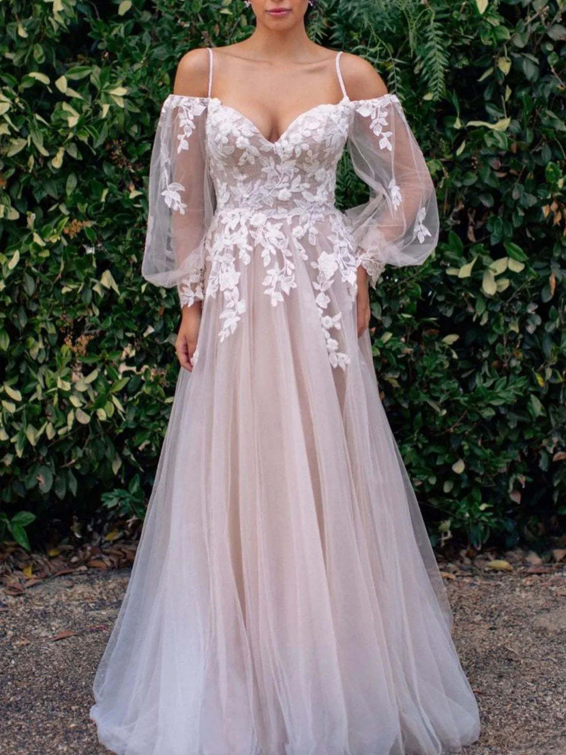 Elegant long sleeves tulle lace long prom dress lace prom dress