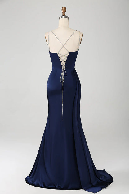Mermaid Spaghetti Straps Pleated Sequin Maxi Dress With Slit
