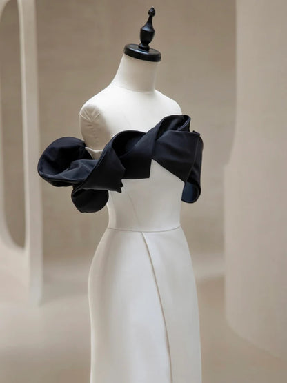 Simple Off Shoulder Satin Black/White Long Evening Dress