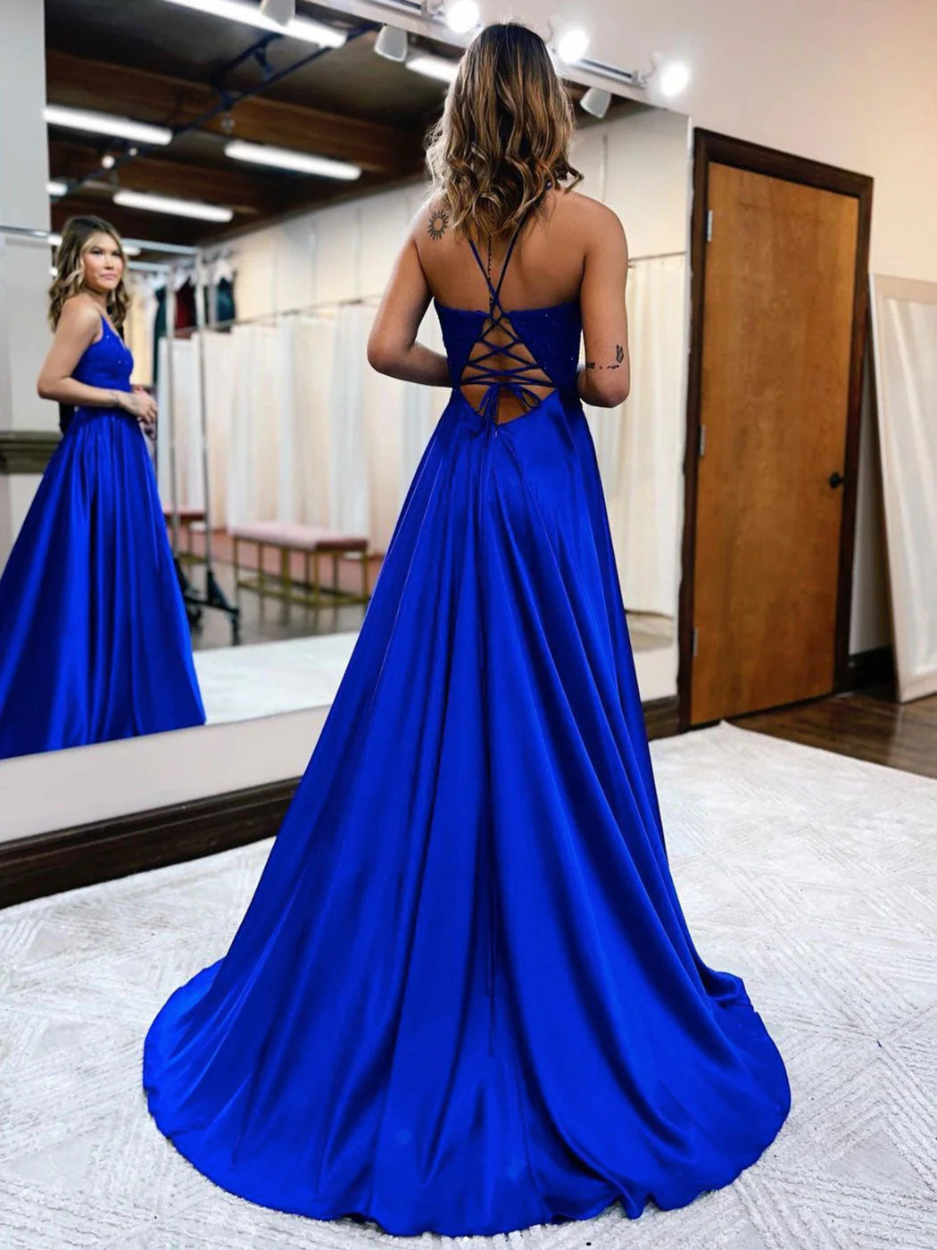 Blue satin v neck lace long prom dress  blue prom dress