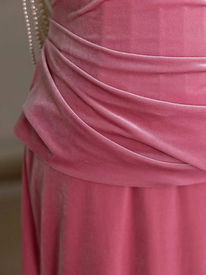 Pink Mermaid Velvet Beads Long Evening Dresses Pink Long Formal Dress