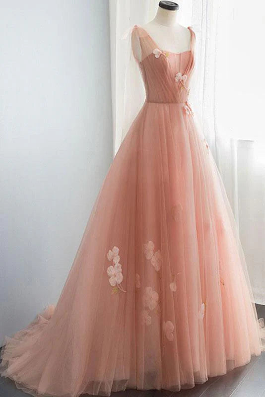 Pink tulle long prom dress pink tulle  prom dress