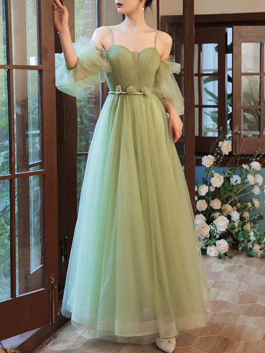 Simple green tulle A line long prom dress  green prom dress