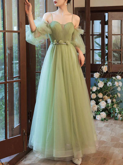 Simple green tulle A line long prom dress  green prom dress