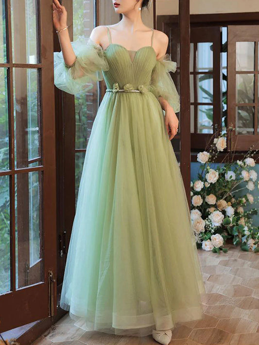 Simple green tulle A line long prom dress  green prom dress