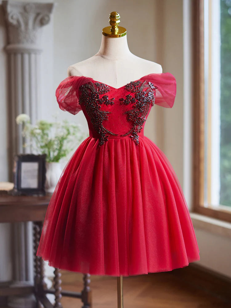 A-Line Off Shoulder V Neck Tulle Burgundy Short Prom Dress with Beads