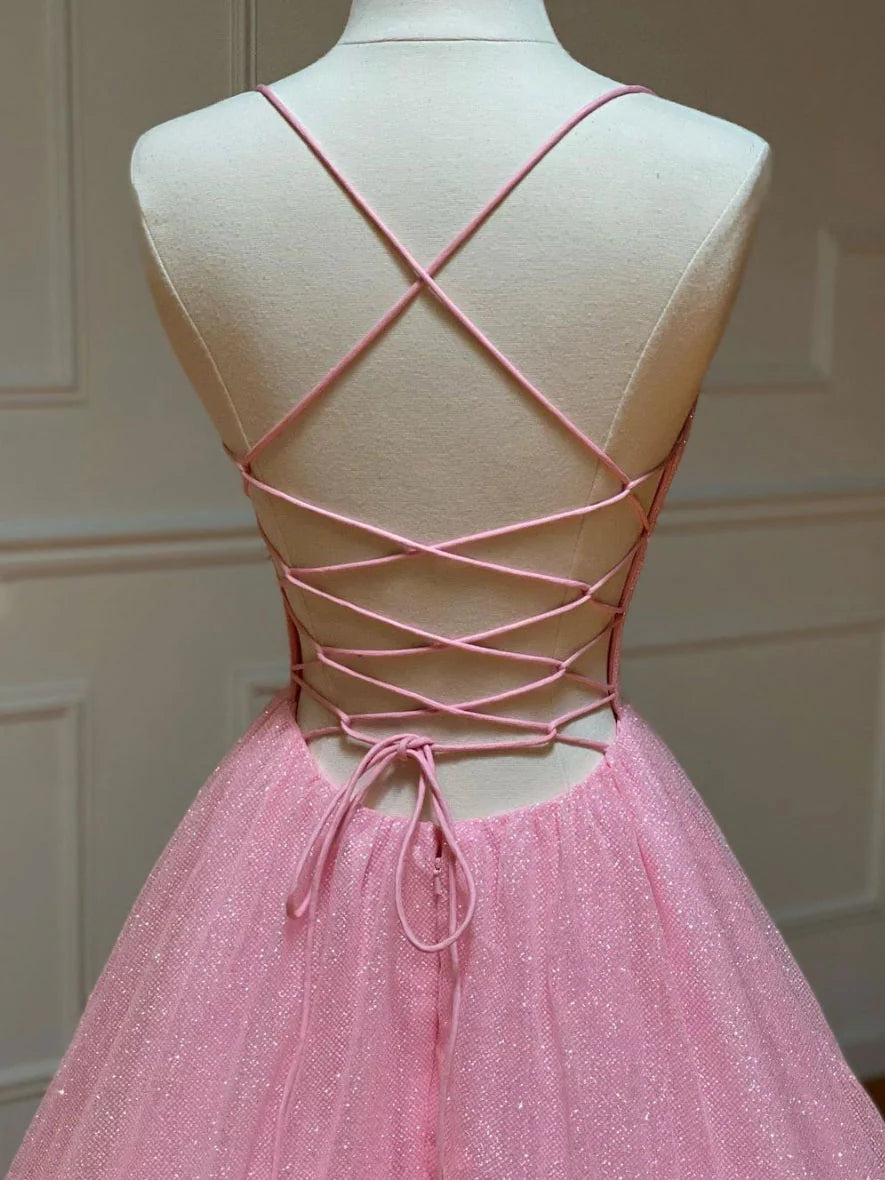 Pink A-line v neck tulle long prom dress pink prom dress
