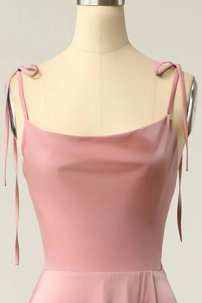 Satin Square Neck Tying Straps Long Bridesmaid Dress