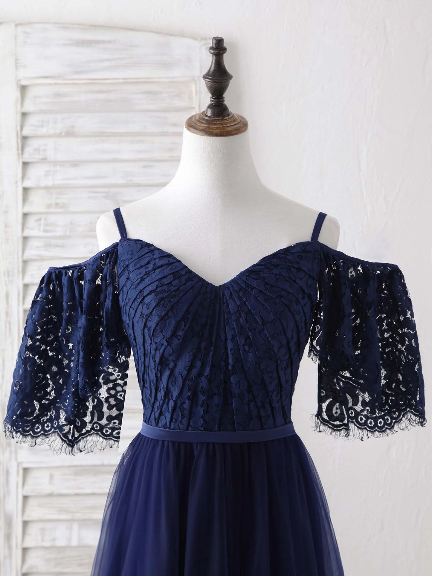 Dark Blue A-Line Lace Tulle Long Bridesmaid Dresses