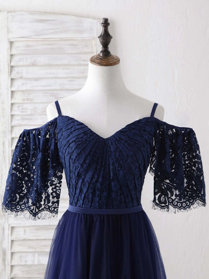 Dark Blue A-Line Lace Tulle Long Bridesmaid Dresses