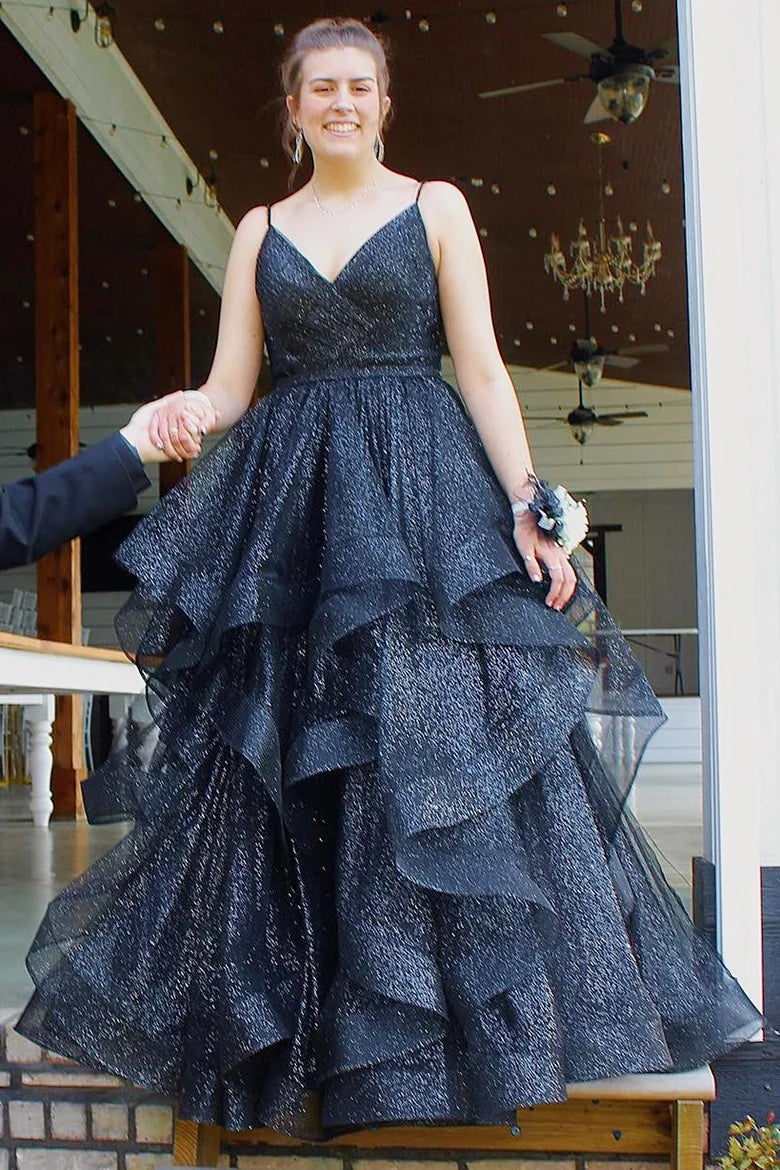 Sparkle Tulle V-Neck Multi-Layer Long Prom Dress