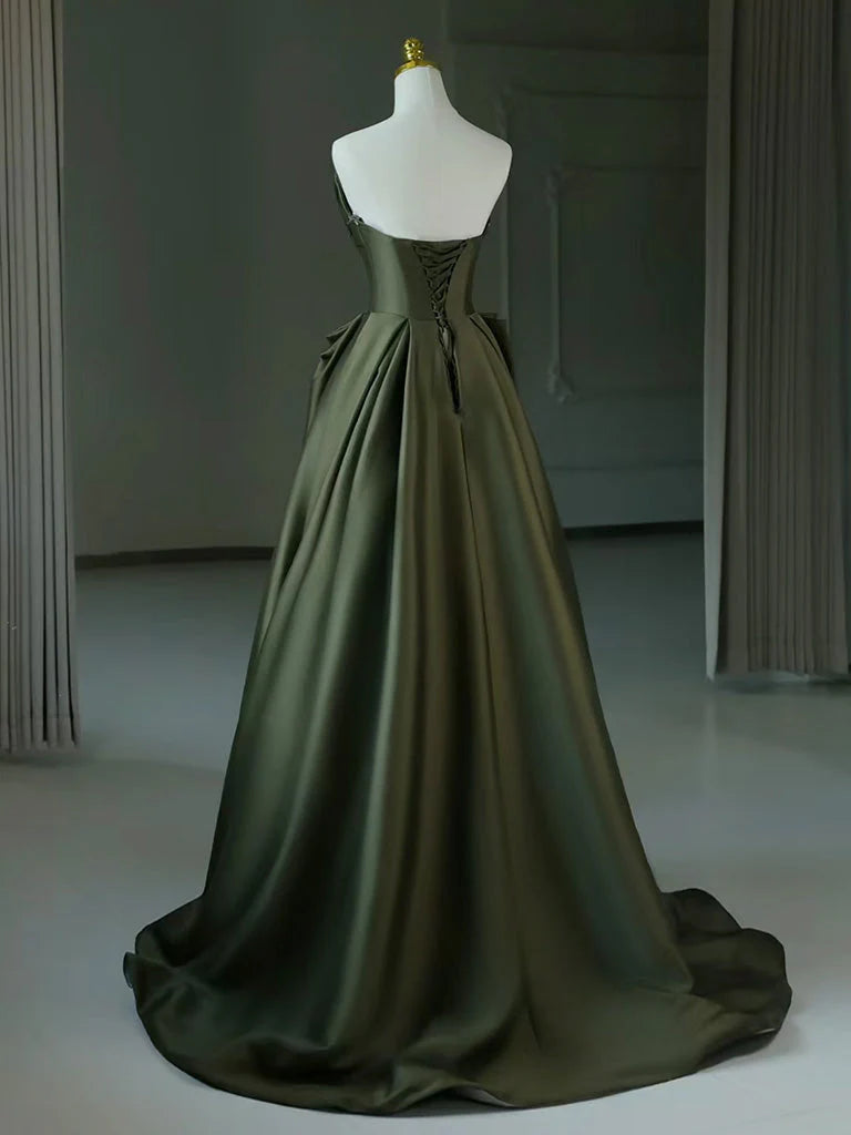 A-Line V Neck Satin Green Long Evening Dress Green Long Formal Dress ﻿