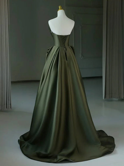 A-Line V Neck Satin Green Long Evening Dress Green Long Formal Dress ﻿