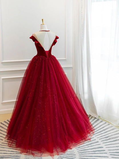Burgundy tulle lace long prom dress burgundy tulle prom dress