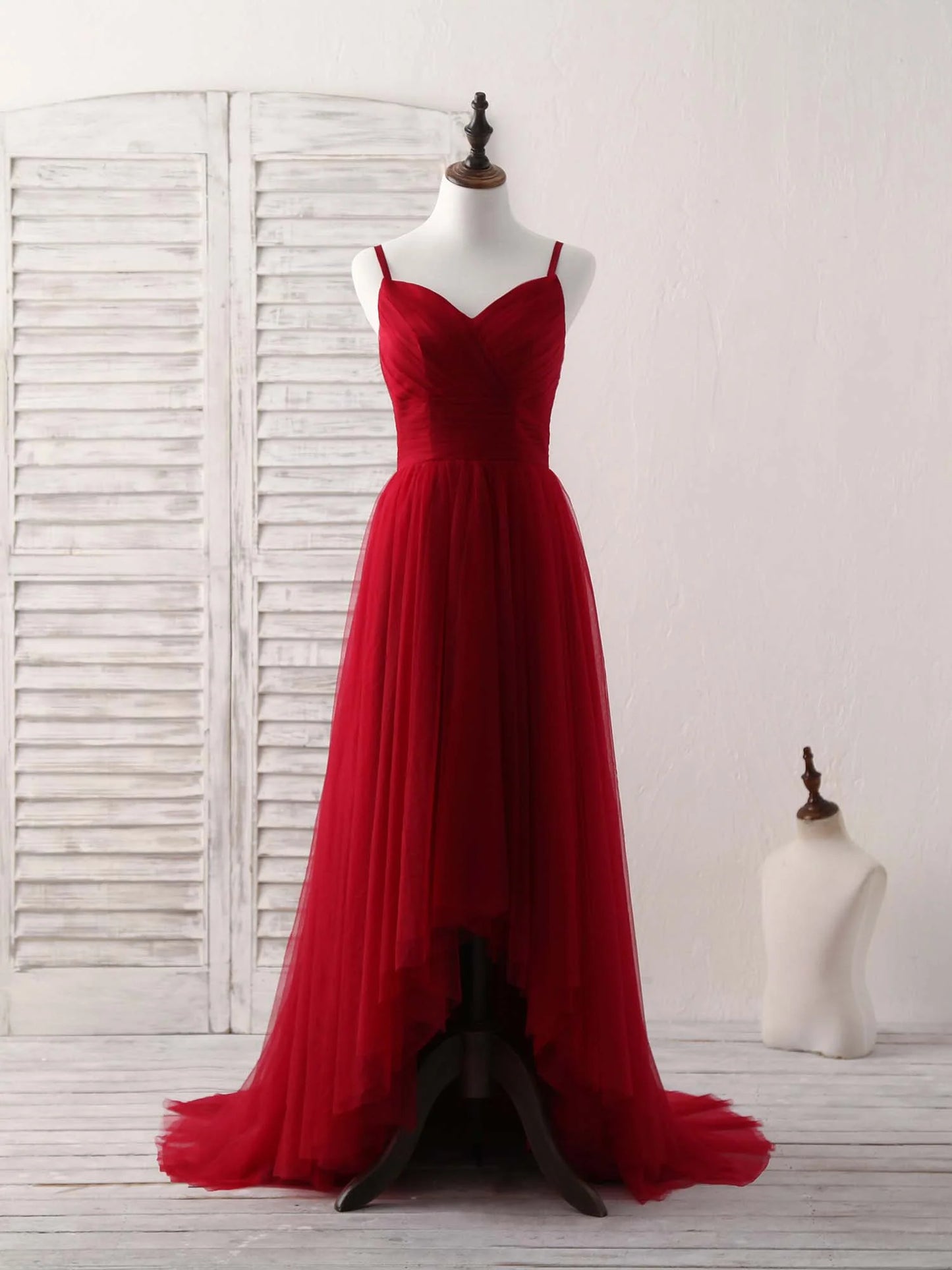 Sweetheart Neck Tulle High Low Prom Dress Burgundy Formal Dress