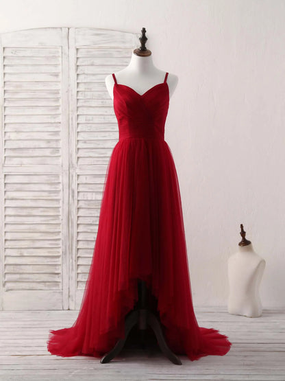 Sweetheart Neck Tulle High Low Prom Dress Burgundy Formal Dress