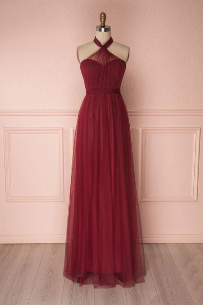 Burgundy tulle sweetheart long prom dress burgundy prom dress