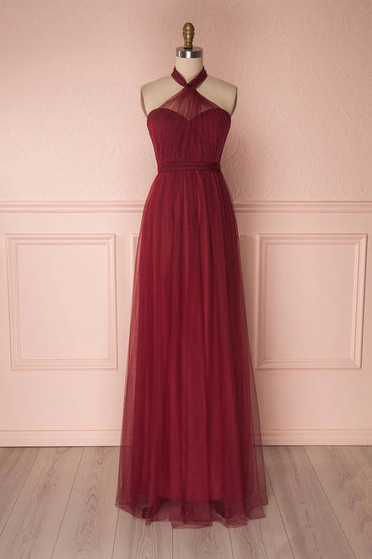 Burgundy tulle sweetheart long prom dress burgundy prom dress
