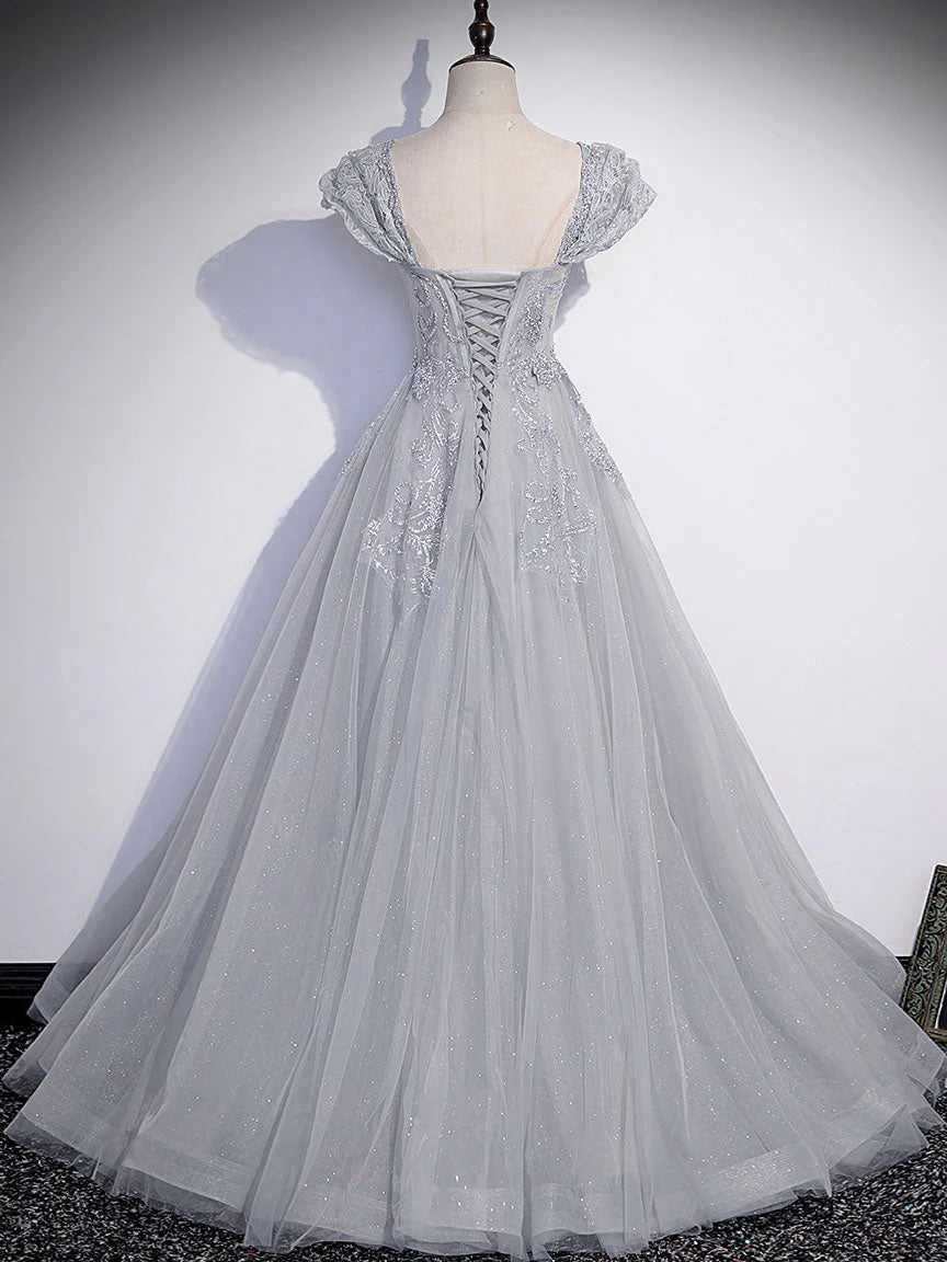 A-Line Gray Tulle Sequin Long Prom Dress Gray Formal Prom Dress
