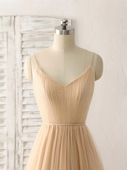 V Neck Tulle Chiffon Long Prom Dress Champagne Bridesmaid Dress